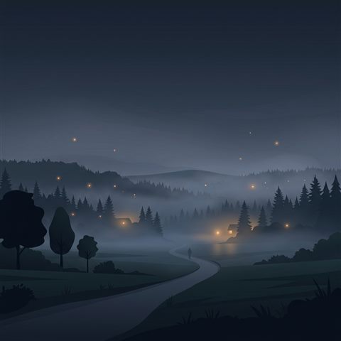 Minimal flat illustration of dark moody aesthetic scene with soft glowing lights, wide shot with open space at the top for text, misty morning haze, dreamy, 1:1 aspect ratio