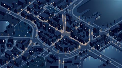 Minimal flat illustration of dark moody aesthetic scene with soft glowing lights, high-angle view from above, cool blue tones, quiet atmosphere, 16:9 aspect ratio