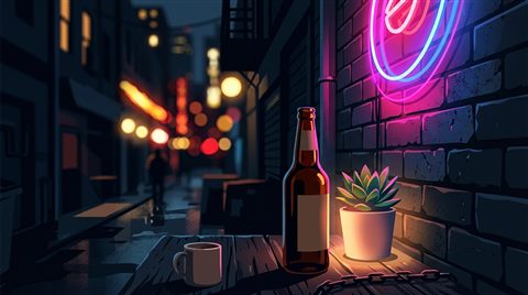 Minimal flat illustration of dark moody aesthetic scene with soft glowing lights, close-up detail with shallow depth of field, vivid colors, high contrast, energetic, 16:9 aspect ratio