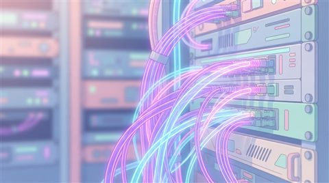 Minimal flat illustration of Close-up of fiber optic cables glowing with neon purple and cyan light inside a server rack, shallow depth of field, futuristic technology background, close-up detail with shallow depth of field, soft pastel colors, bright and cozy, 16:9 aspect ratio