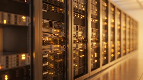 Soft 3d render of rows of servers in a data center, close-up detail with shallow depth of field, warm golden light, calm mood, 16:9 aspect ratio