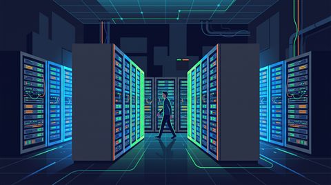 Minimal flat illustration of rows of servers in a data center, centered subject with a simple uncluttered composition, vivid colors, high contrast, energetic, 16:9 aspect ratio