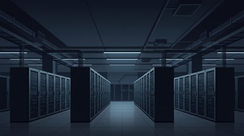 Minimal flat illustration of rows of servers in a data center, wide shot with open space at the top for text, moody dark tones, dramatic lighting, 16:9 aspect ratio