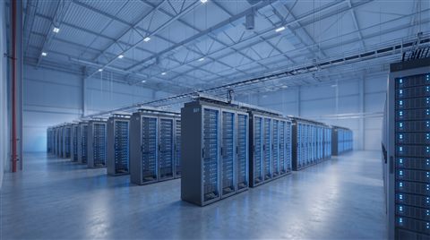 Soft 3d render of rows of servers in a data center, wide shot with open space at the top for text, cool blue tones, quiet atmosphere, 16:9 aspect ratio