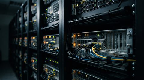 Cinematic film still of rows of servers in a data center, close-up detail with shallow depth of field, moody dark tones, dramatic lighting, 16:9 aspect ratio