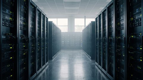 Cinematic film still of rows of servers in a data center, centered subject with a simple uncluttered composition, misty morning haze, dreamy, 16:9 aspect ratio