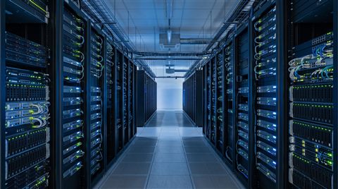 Photorealistic photo of rows of servers in a data center, centered subject with a simple uncluttered composition, cool blue tones, quiet atmosphere, 16:9 aspect ratio
