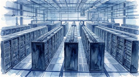 Watercolor illustration of rows of servers in a data center, high-angle view from above, cool blue tones, quiet atmosphere, 16:9 aspect ratio