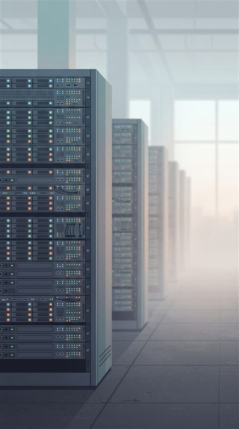 Minimal flat illustration of rows of servers in a data center, close-up detail with shallow depth of field, misty morning haze, dreamy, 9:16 aspect ratio