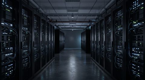 Soft 3d render of rows of servers in a data center, centered subject with a simple uncluttered composition, moody dark tones, dramatic lighting, 16:9 aspect ratio
