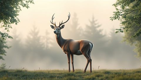 Soft 3D render of A graceful deer standing peacefully in a misty green forest during early morning light, wide shot with open space at the top for text, misty morning haze, dreamy, 16:9 aspect ratio