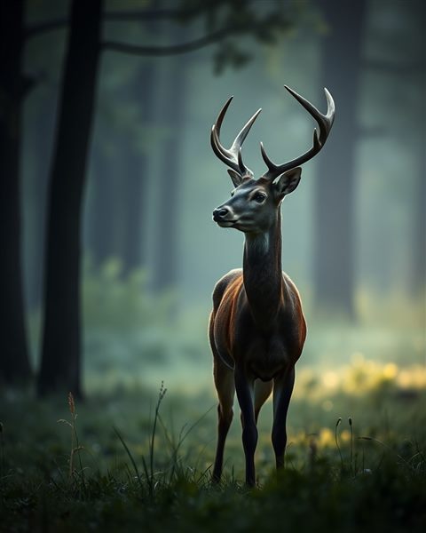 Photorealistic photo of A graceful deer standing peacefully in a misty green forest during early morning light, close-up detail with shallow depth of field, moody dark tones, dramatic lighting, 4:5 aspect ratio