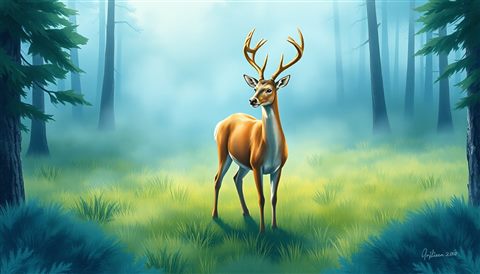 Watercolor illustration of A graceful deer standing peacefully in a misty green forest during early morning light, high-angle view from above, cool blue tones, quiet atmosphere, 16:9 aspect ratio