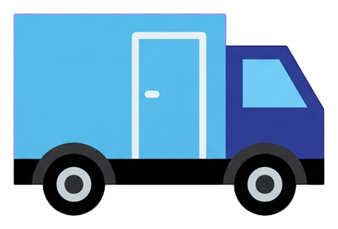 Flat color icon, bold solid colors of a delivery truck icon, transparent background PNG