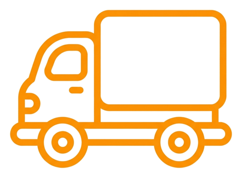 Rounded line icon, thick orange outline of a delivery truck icon, transparent background PNG