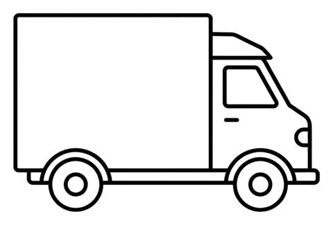 Thin black line icon, minimal outline of a delivery truck icon, transparent background PNG