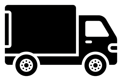Bold black glyph icon, solid filled silhouette of a delivery truck icon, transparent background PNG