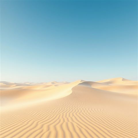 Soft 3D render of Vast sand dunes with sharp wind ripples under a clear blue sky, wide shot with open space at the top for text, misty morning haze, dreamy, 1:1 aspect ratio