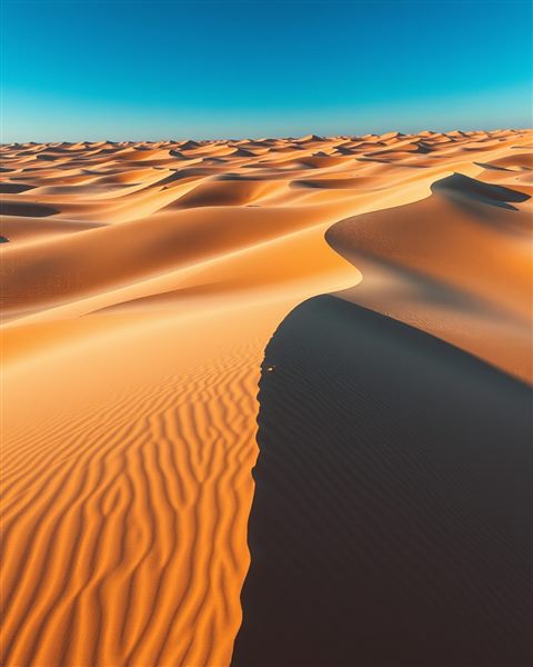 Cinematic film still of Vast sand dunes with sharp wind ripples under a clear blue sky, high-angle view from above, vivid colors, high contrast, energetic, 4:5 aspect ratio