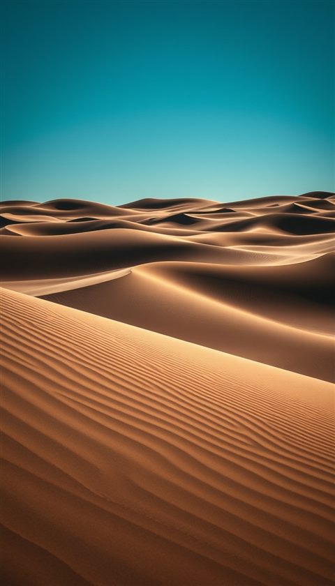 Photorealistic photo of Vast sand dunes with sharp wind ripples under a clear blue sky, close-up detail with shallow depth of field, moody dark tones, dramatic lighting, 9:16 aspect ratio