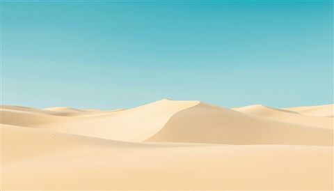 Minimal flat illustration of Vast sand dunes with sharp wind ripples under a clear blue sky, centered subject with a simple uncluttered composition, soft pastel colors, bright and cozy, 16:9 aspect ratio