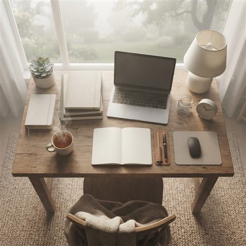Photorealistic photo of workspace desk, high-angle view from above, misty morning haze, dreamy, 1:1 aspect ratio