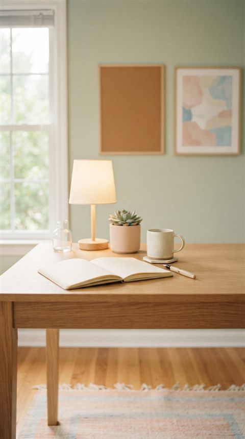 Cinematic film still of workspace desk, centered subject with a simple uncluttered composition, soft pastel colors, bright and cozy, 9:16 aspect ratio