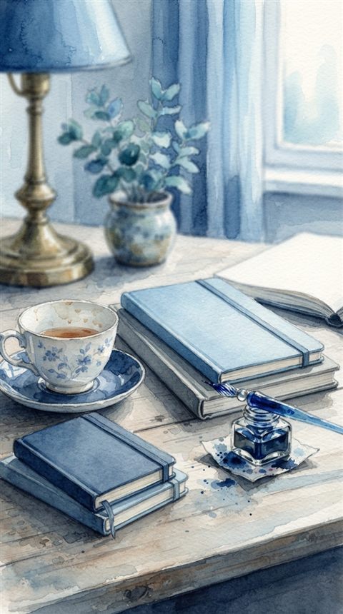 Watercolor illustration of workspace desk, close-up detail with shallow depth of field, cool blue tones, quiet atmosphere, 9:16 aspect ratio