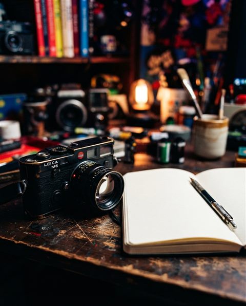 Cinematic film still of workspace desk, close-up detail with shallow depth of field, vivid colors, high contrast, energetic, 4:5 aspect ratio