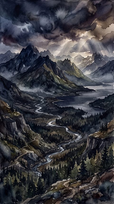 Watercolor illustration of breathtaking wide landscape for a computer desktop, high-angle view from above, moody dark tones, dramatic lighting, 9:16 aspect ratio