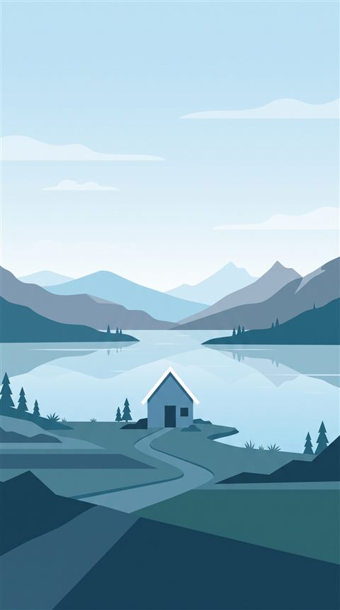 Minimal flat illustration of breathtaking wide landscape for a computer desktop, centered subject with a simple uncluttered composition, cool blue tones, quiet atmosphere, 9:16 aspect ratio