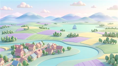 Soft 3d render of breathtaking wide landscape for a computer desktop, high-angle view from above, soft pastel colors, bright and cozy, 16:9 aspect ratio