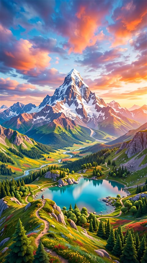 Soft 3d render of breathtaking wide landscape for a computer desktop, centered subject with a simple uncluttered composition, vivid colors, high contrast, energetic, 9:16 aspect ratio