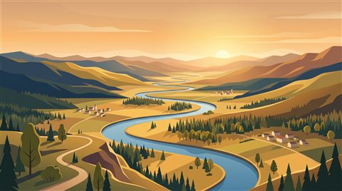 Minimal flat illustration of breathtaking wide landscape for a computer desktop, high-angle view from above, warm golden light, calm mood, 16:9 aspect ratio