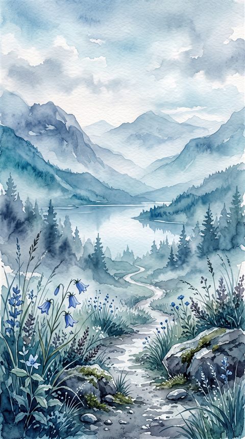 컴퓨터 바탕화면용 탁 트인 넓은 풍경, 수채화 일러스트, 가까이 담은 디테일, 얕은 심도, 차가운 푸른 톤, 고요한 분위기, 9:16 비율