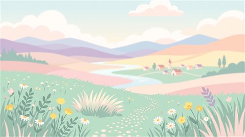 Minimal flat illustration of breathtaking wide landscape for a computer desktop, close-up detail with shallow depth of field, soft pastel colors, bright and cozy, 16:9 aspect ratio