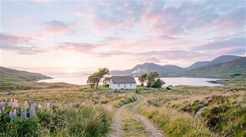 Cinematic film still of breathtaking wide landscape for a computer desktop, centered subject with a simple uncluttered composition, soft pastel colors, bright and cozy, 16:9 aspect ratio