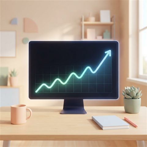 Minimal flat illustration of A glowing line graph showing upward financial trends on a dark screen, wide shot with open space at the top for text, soft pastel colors, bright and cozy, 1:1 aspect ratio