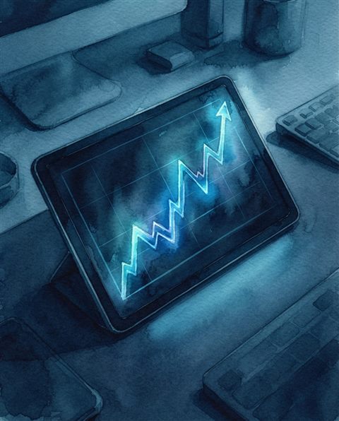 Watercolor illustration of A glowing line graph showing upward financial trends on a dark screen, high-angle view from above, cool blue tones, quiet atmosphere, 4:5 aspect ratio
