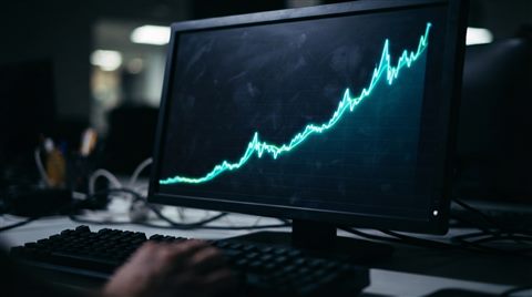Photorealistic photo of A glowing line graph showing upward financial trends on a dark screen, close-up detail with shallow depth of field, moody dark tones, dramatic lighting, 16:9 aspect ratio