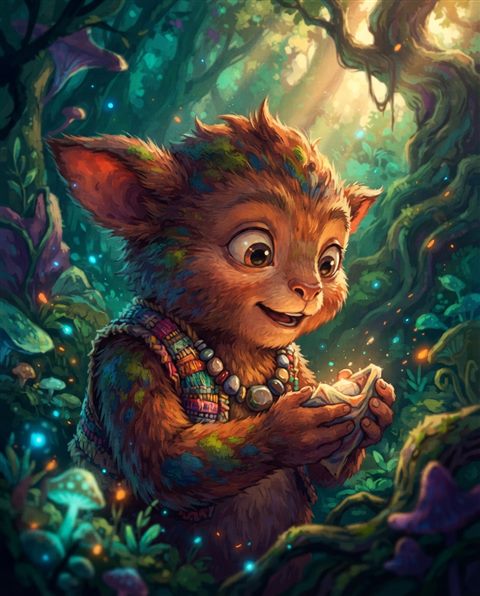Cinematic film still of a colorful digital illustration of a cute character in a fantasy forest, close-up detail with shallow depth of field, vivid colors, high contrast, energetic, 4:5 aspect ratio
