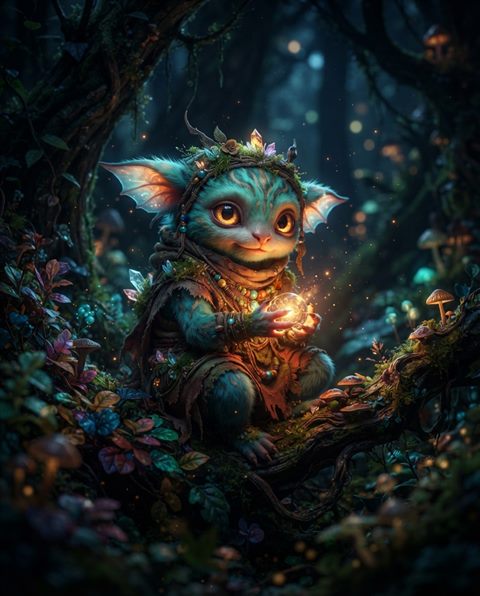Photorealistic photo of a colorful digital illustration of a cute character in a fantasy forest, close-up detail with shallow depth of field, moody dark tones, dramatic lighting, 4:5 aspect ratio
