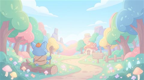 Minimal flat illustration of a colorful digital illustration of a cute character in a fantasy forest, wide shot with open space at the top for text, soft pastel colors, bright and cozy, 16:9 aspect ratio