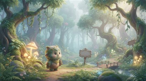 Soft 3D render of a colorful digital illustration of a cute character in a fantasy forest, wide shot with open space at the top for text, misty morning haze, dreamy, 16:9 aspect ratio