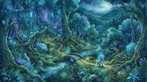 Watercolor illustration of a colorful digital illustration of a cute character in a fantasy forest, high-angle view from above, cool blue tones, quiet atmosphere, 16:9 aspect ratio