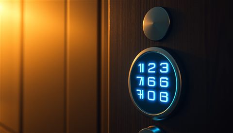Photorealistic photo of Modern electronic door lock keypad glowing with neon blue numbers on a dark wooden door, wide shot with open space at the top for text, warm golden light, calm mood, 16:9 aspect ratio