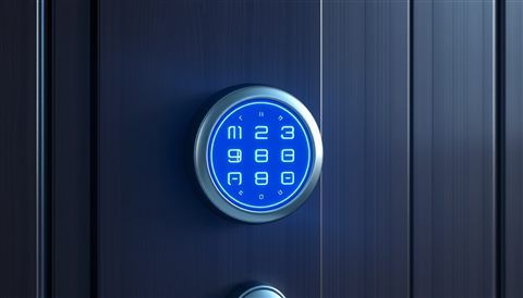 Soft 3D render of Modern electronic door lock keypad glowing with neon blue numbers on a dark wooden door, wide shot with open space at the top for text, misty morning haze, dreamy, 16:9 aspect ratio