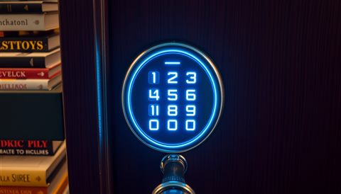 Cinematic film still of Modern electronic door lock keypad glowing with neon blue numbers on a dark wooden door, high-angle view from above, vivid colors, high contrast, energetic, 16:9 aspect ratio