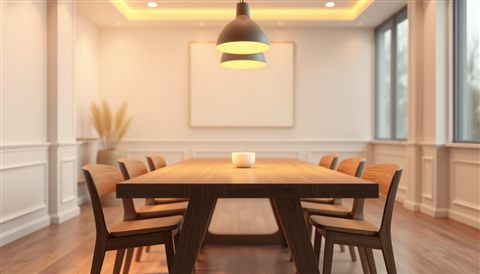 Soft 3D render of Modern minimalist dining room with a stylish wooden table and warm pendant lighting overhead, close-up detail with shallow depth of field, misty morning haze, dreamy, 16:9 aspect ratio
