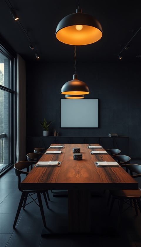 Photorealistic photo of Modern minimalist dining room with a stylish wooden table and warm pendant lighting overhead, wide shot with open space at the top for text, moody dark tones, dramatic lighting, 9:16 aspect ratio